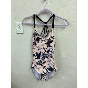 Swim Central One Piece Bathing Suit Floral Pink and Black Medium